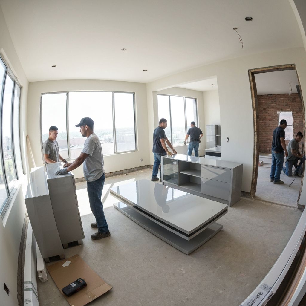 Workers assembling modern furniture in apartment