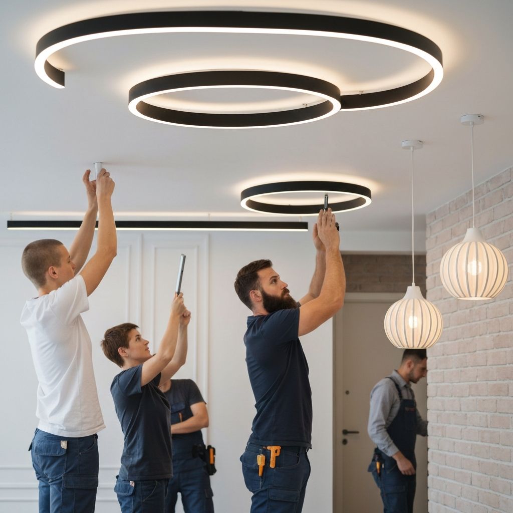 Workers installing modern lighting fixtures